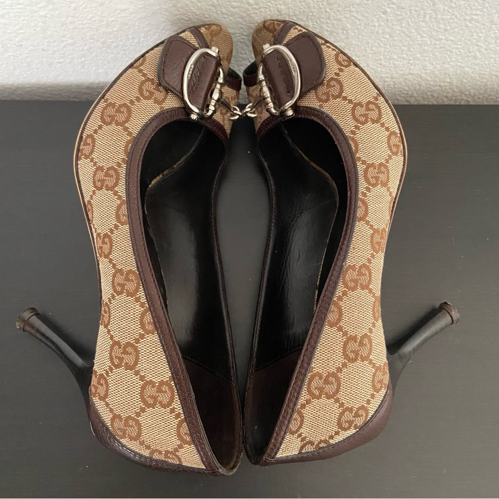 Gucci Monogram Peep-Toe Heels Brown Leather Canvas - Picture 5 of 11
